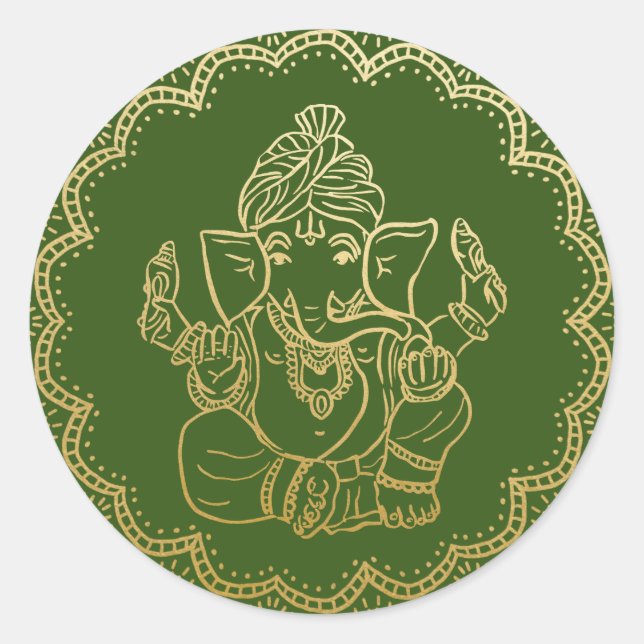 Adesivo Ganesha Dourada | Deus Indiano Casamento Verde (Frente)