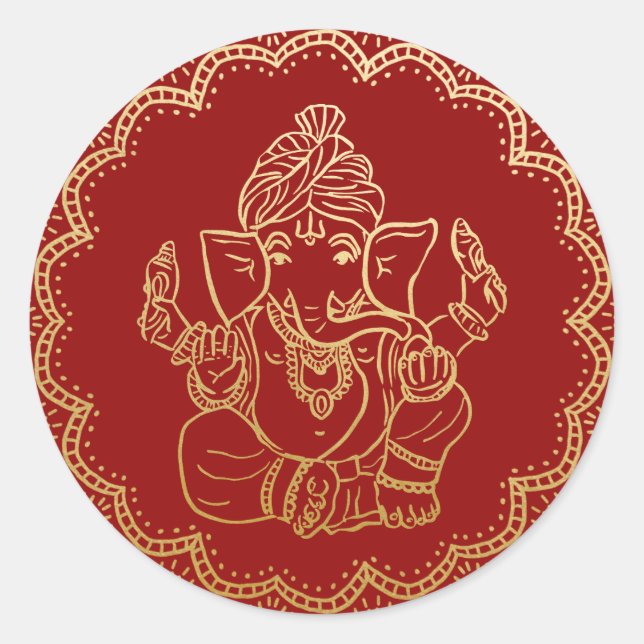 Adesivo Ganesha Dourado | Deus Indiano Casamento Vermelho (Frente)