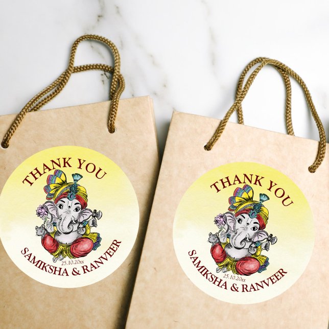 Adesivo Ganesha Indian obrigado-te (Ganesha favor gift thank you stickers yellow background maroon font)
