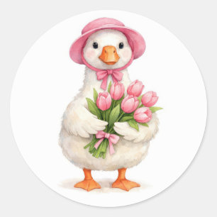 Adesivo Ganso Branco Segurando Buquê de Tulipas Rosa