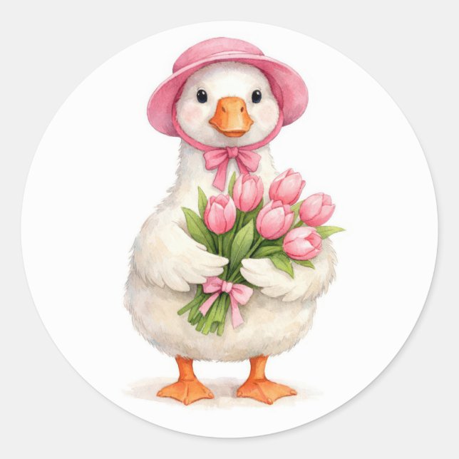 Adesivo Ganso Branco Segurando Buquê de Tulipas Rosa (Frente)
