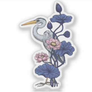 Adesivo Garça no Jardim de Lótus Rosa sobre azul delpho