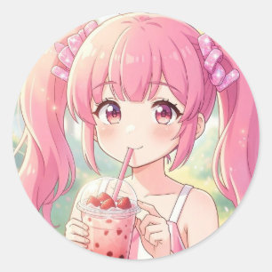 Adesivo Garota Anime Fofa de Rosa Bebendo Chá de Bolhas