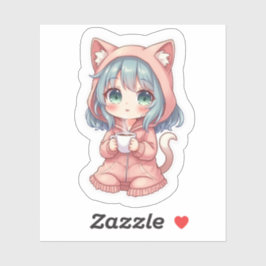 Adesivo Garota Anime Kawaii Aconchegante com Capuz de Gato