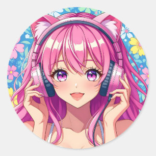 Adesivo Garota Anime Rosa Fofa com Fones de Ouvido