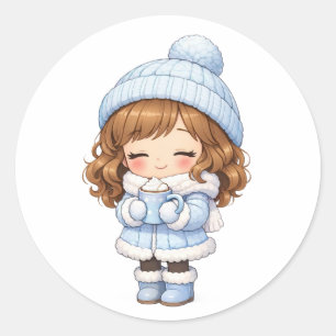 Adesivo Garota Chibi Fofa com Roupa de Inverno Azul