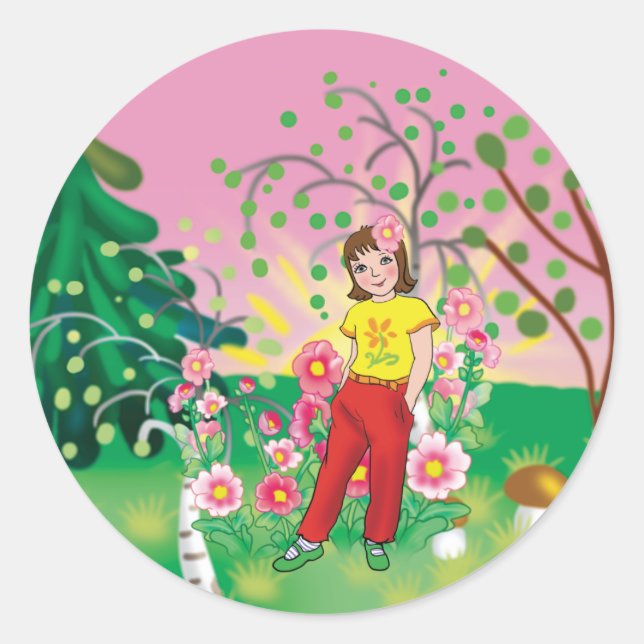 Adesivo garota com flores contra fundo paisagístico (Frente)