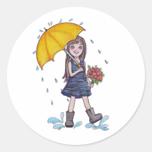 Adesivo Garota Com Guarda-Chuva Amarela Em Aquarela