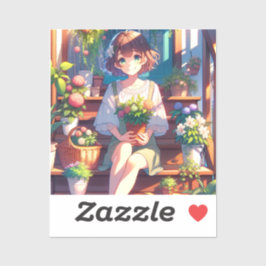 Adesivo Garota de Animação Bonita segurando uma Planta