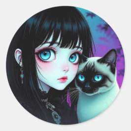 Adesivo Garota de Anime e Gato Siames 
