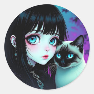 Adesivo Garota de Anime e Gato Siames