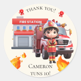 Adesivo Garota de Bombeiros de Kawaii e Caminhão de Fogo