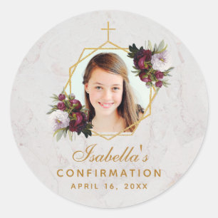 Adesivo Garota de Confirmação Foto Dourado Burgundy Peonia