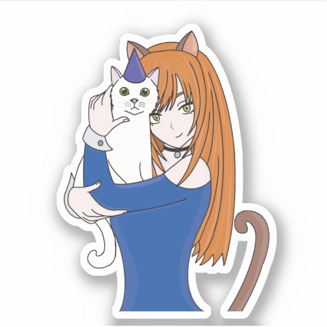 Adesivo Garota de Manga e Gato de Anime (Frente)