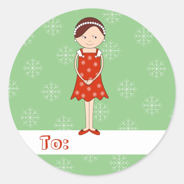 Adesivo Garota de Natal ilustre, flocos de neve verdes (Frente)