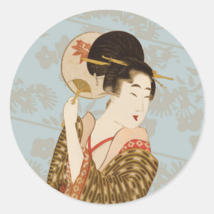 Adesivo Garota Geisha Japonesa Vintage em Kimono com Leque
