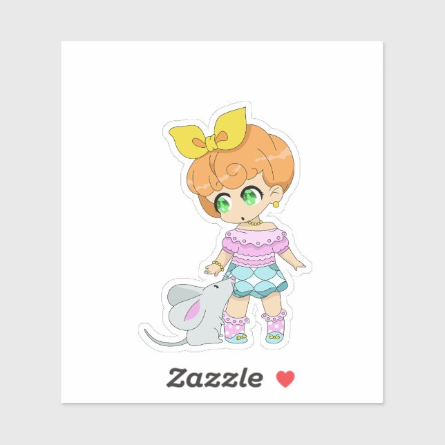 Adesivo Garota Kawaii com Amigo do Mouse (Folha)