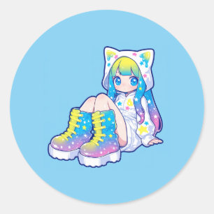 Adesivo Garota Kawaii de Estrelas Arco-Íris com Orelhas de