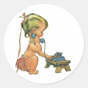 Adesivo Garota Loura-Justa Vintage falando no Toy Phone