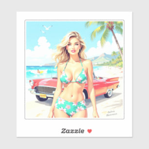 Adesivo Garota na praia com um carro clássico