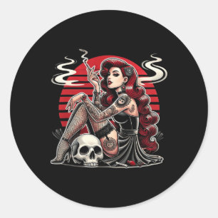 Adesivo Garota Pin-up Gótica Tatuada Com Caveira Horror Vi