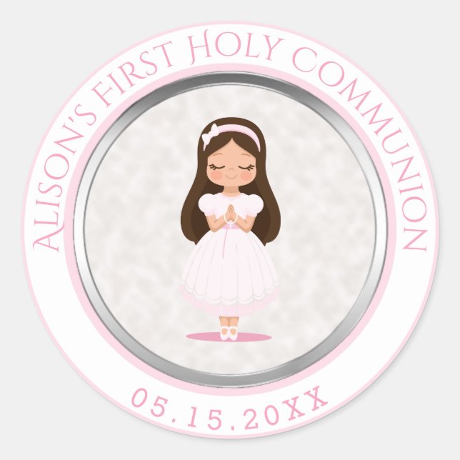 Adesivo Garota Primeira Sagrada Comunhão Prata Rosa (Frente)