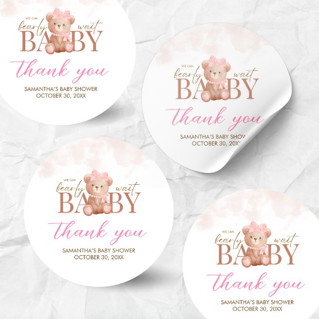Adesivo Garota Que Podemos Apostar Chá de fraldas De Esper (We Can Bearly Wait Pink Bear Baby Shower Sticker)