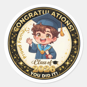 Adesivo Garoto Anime Fofo Graduado Turma de 2026 Dourado