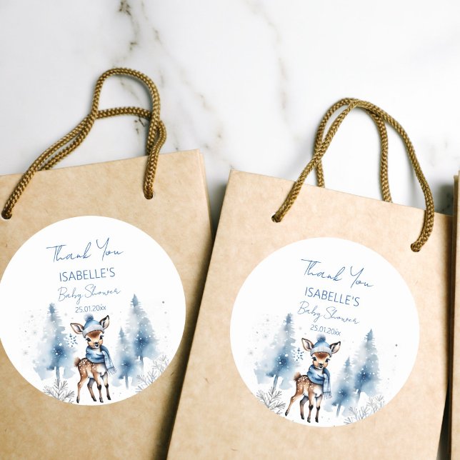 Adesivo Garotos de inverno chá de fraldas obrigado você é  (Cute deer Winter boys baby shower thank you favor Sticker snowy pines winter baby shower favor stick)