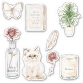 Adesivo Garrafa Borboleta Gato Vela Livro Pena Rosa Vermel