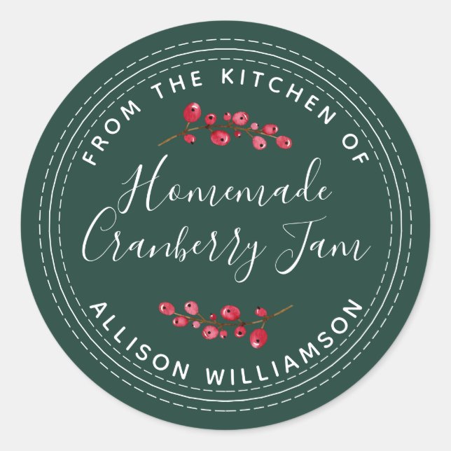 Adesivo Garrafa Verde Escura de Geleia Caseira de Cranberr (Frente)