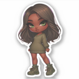 Adesivo gata de chibi em verde-oliva