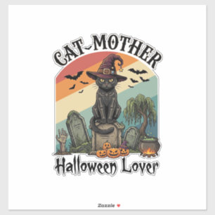 Adesivo Gata Mãe Amante do Halloween Chapéu de Bruxa Preto