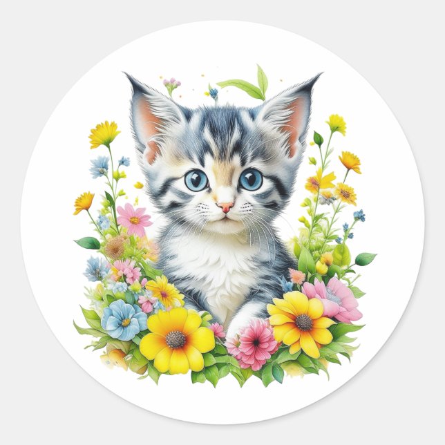 Adesivo Gatinho Aquarela Cute em Flores (Frente)
