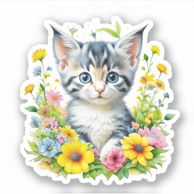 Adesivo Gatinho Aquarela Cute em Flores (Frente)