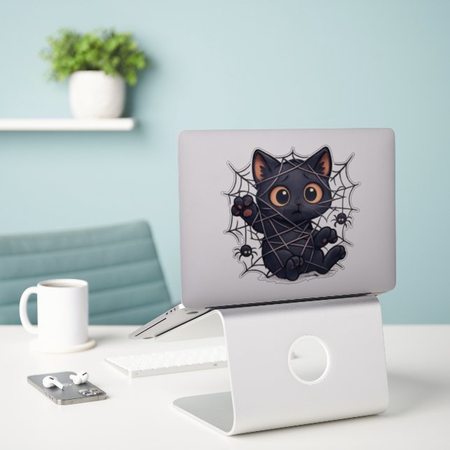 Adesivo Gatinho Assustador Web Halloween (Laptop na mesa)