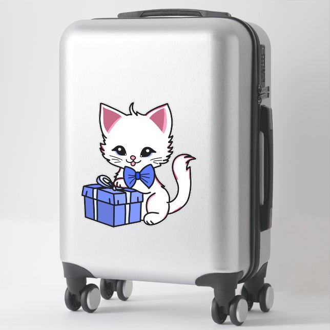 Adesivo Gatinho branco bonito com presente azul (Mala)