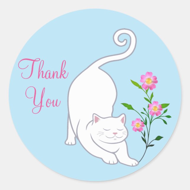 Adesivo Gatinho branco fofo com flores Obrigado (Frente)