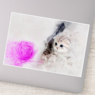Adesivo Gatinho brincando com uma bola de fio rosa aquarel
