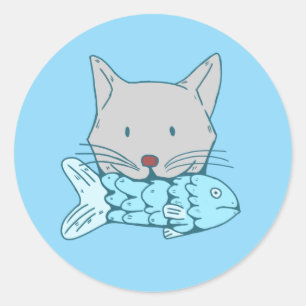 Adesivo Gatinho Cinza Segurando Peixe Azul - Arte Capricho