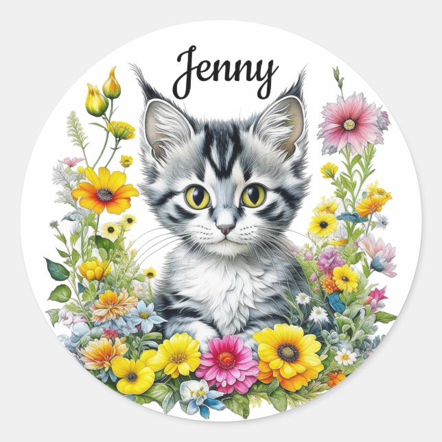 Adesivo Gatinho Cute Cercado por Flores Personalizadas (Frente)