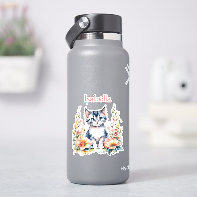 Adesivo Gatinho de Cinza Personalizado em Flores Rosa (HidroFlask)
