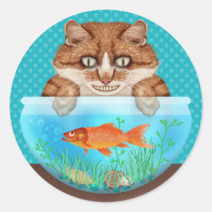 Adesivo Gatinho de Gato e Peixe-Dourado Engraçado