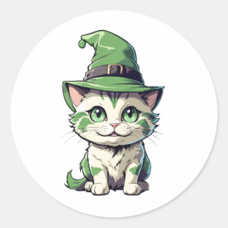 Adesivo Gatinho de Halloween bonito com chapéu verde