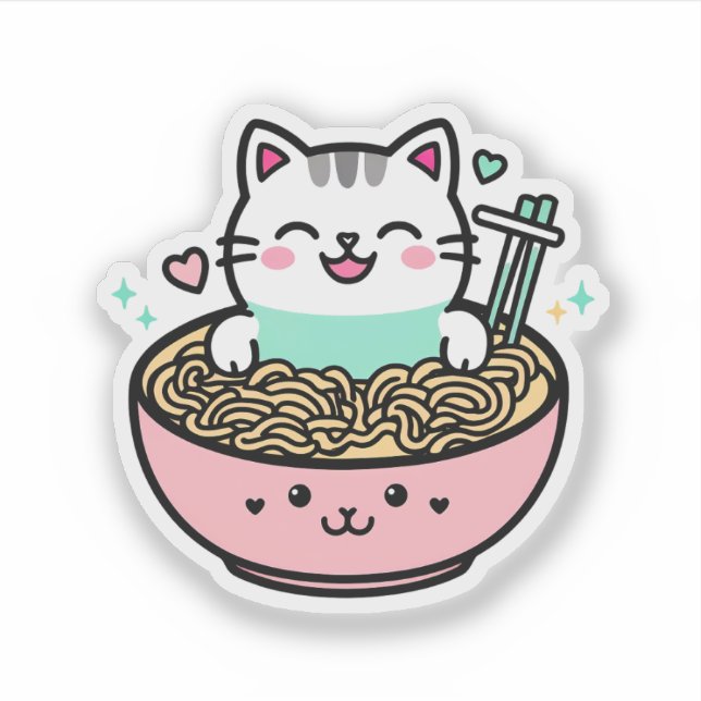 Adesivo Gatinho de macarrão - Kawaii Ramen Cat (Frente)