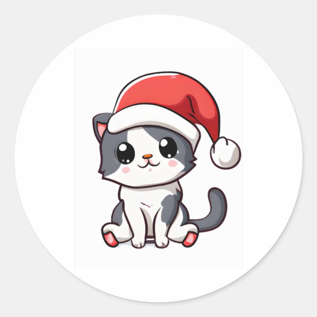 Adesivo Gatinho de Natal bonito vestindo chapéu de Papai N (Frente)