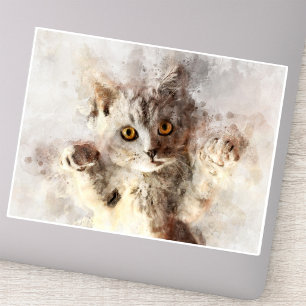 Adesivo Gatinho Divertido em Aquarela com Olhos Amarelos B