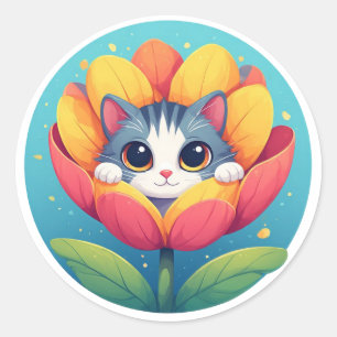 Adesivo Gatinho Fofo Aninhado em uma Flor em Flor