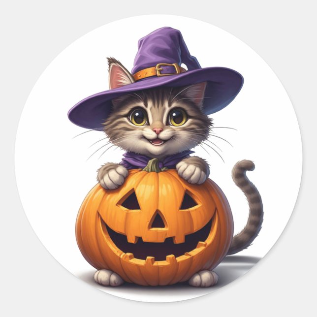 Adesivo Gatinho Fofo Com Chapéu de Bruxa e Abóbora 👻 (Frente)