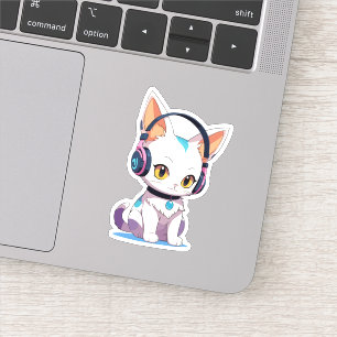 Adesivo Gatinho Fofo de Baloiço com Fones de Ouvido